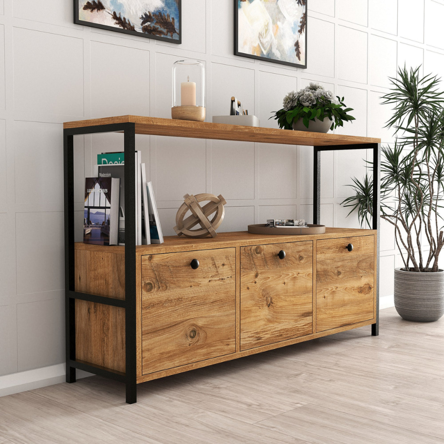 Buffet 3 portes style industriel bois-noir MELO