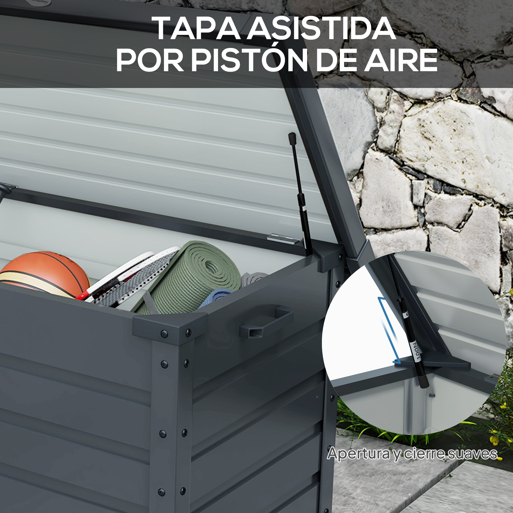 Arcón Exterior Capacidad 295L, Baúl de Almacenaje de Acero Galvanizado con 4 Ruedas, 2 Asas y Tapa con Cerradura, Impermeable, para Jardín, Terraza, Patio, 100x62x65 cm, Gris Oscuro