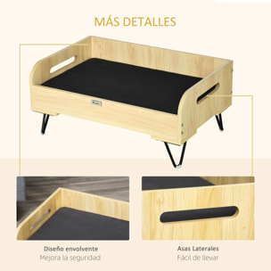 Cama de Madera para Perros Gatos Cama Cesta para Mascotas Pequeñas con Cojín Acolchado Asas y Patas de Acero 70x45x32 cm Roble y Negro