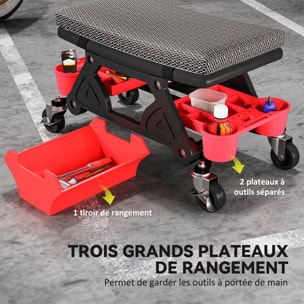 Tabouret d'atelier mobile - tabouret de mécanicien - coussin intégré, 3 plateaux outils - noir rouge