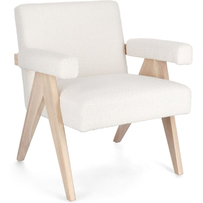 Poltrona FAIZA in tessuto effetto bouclé avorio e gambe in legno rubberwood