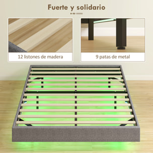Somier Flotante 140x190 cm con Luces LED, Estructura de Cama, Tapizado en Lino, Láminas de Madera, Silencioso, Fácil de Montar, Gris
