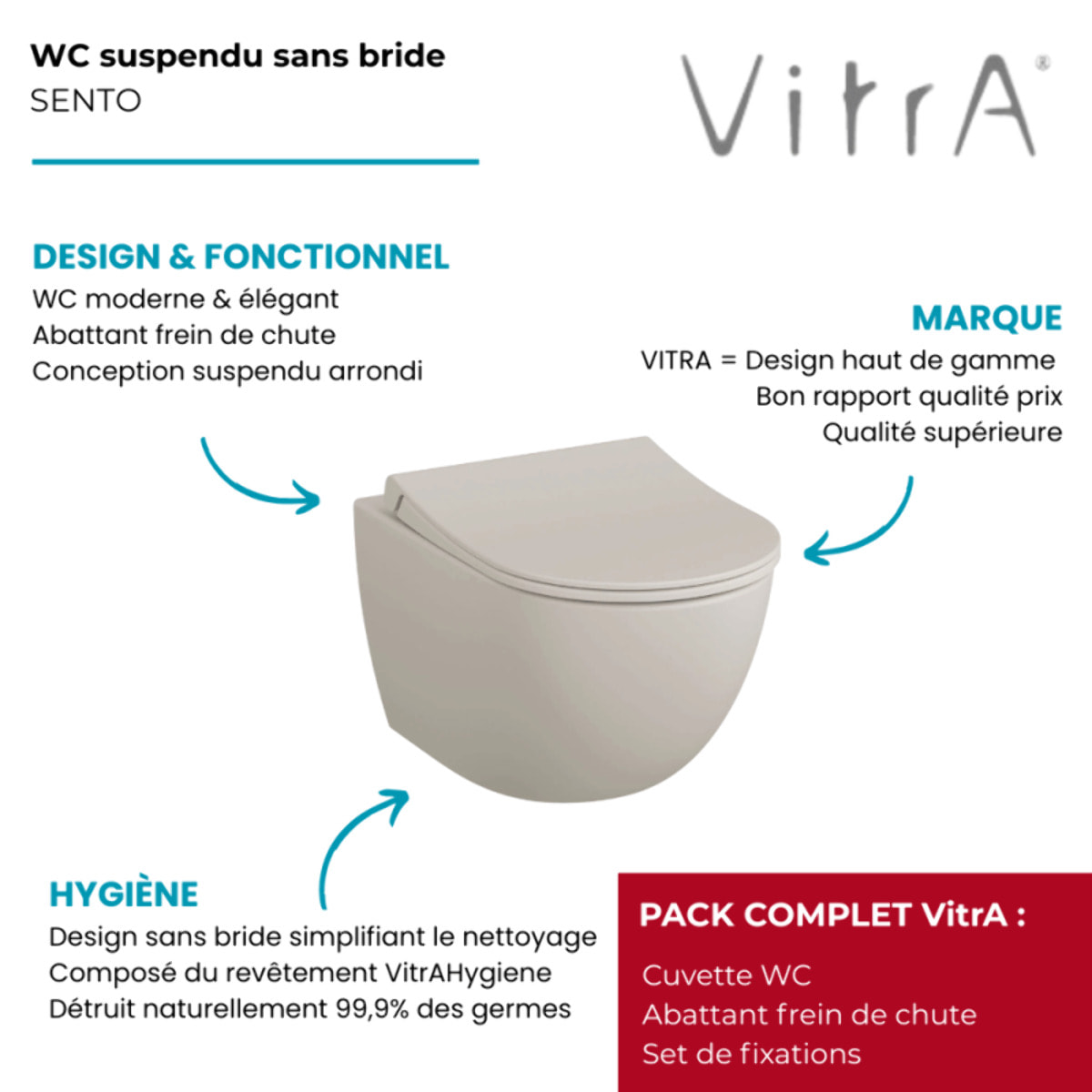Cuvette WC suspendu sans bride Sento lin + abattant frein de chute déclipsable