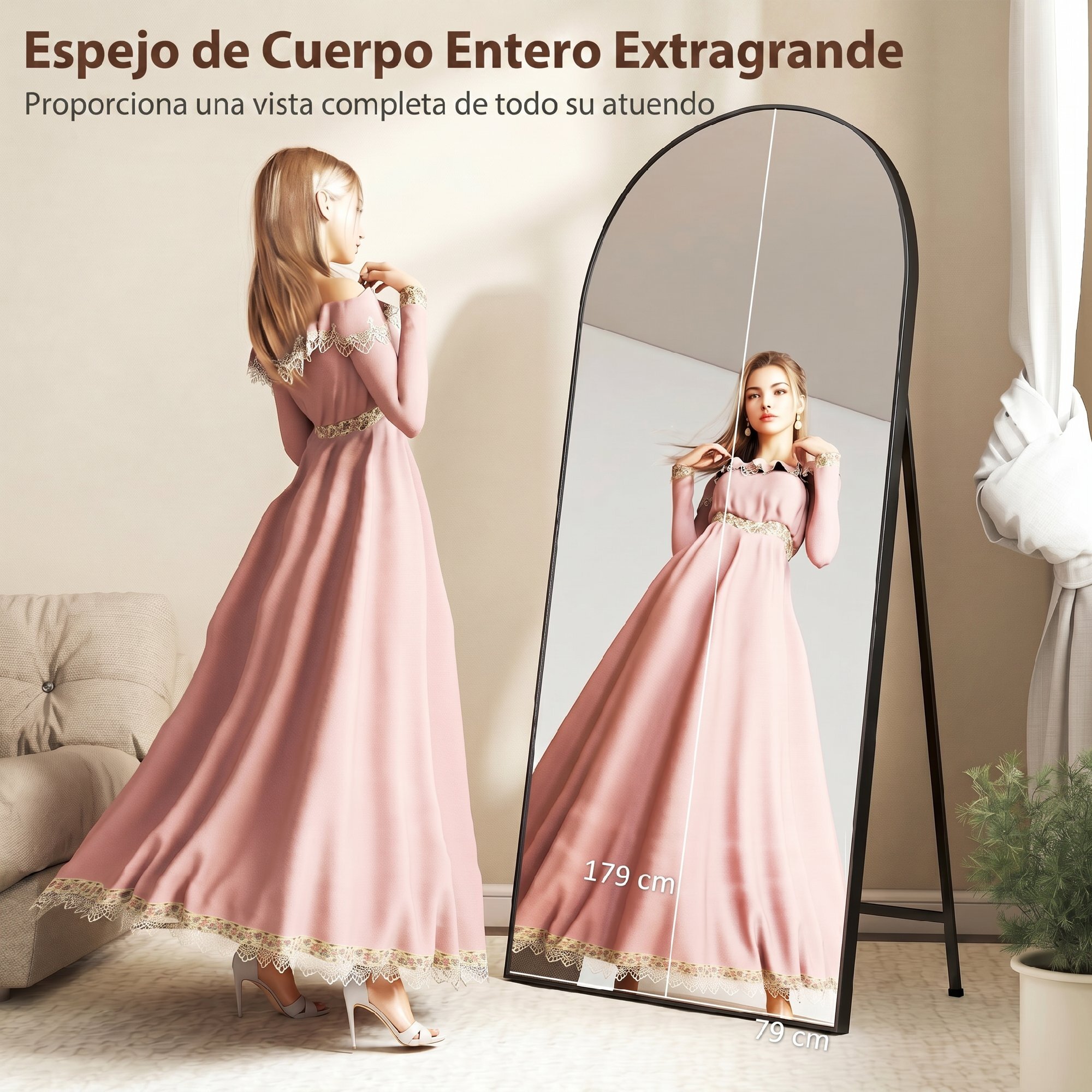 Espejo de Cuerpo Entero, 180x80 cm, Espejo de Pie Arqueado, Marco de Aluminio Negro, Independiente, Apoyado y de Pared, para Dormitorio, Salón