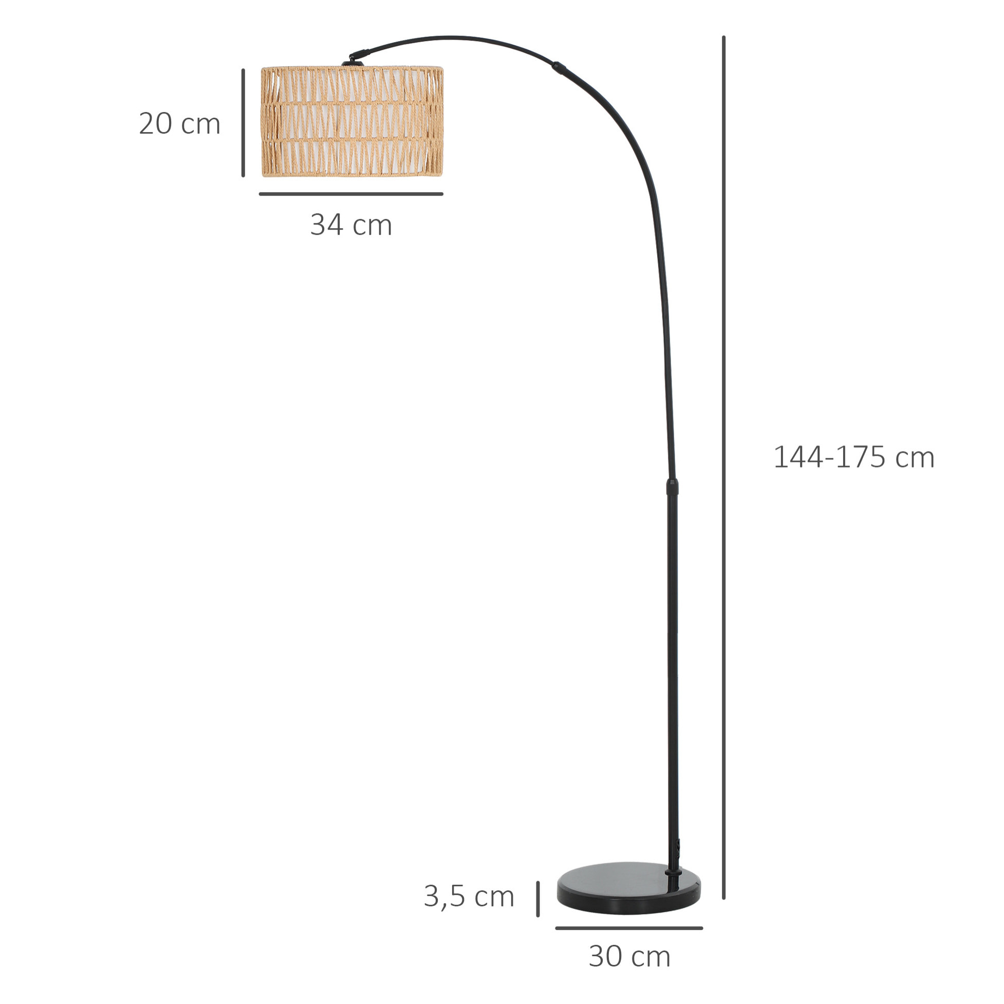 Lámpara de Pie de Arco Lámpara de Pie Salón con Altura Ajustable Pantalla de Yute Interruptor de Pie y Base de Mármol para Sala de Estar Oficina Dormitorio Negro y Marrón