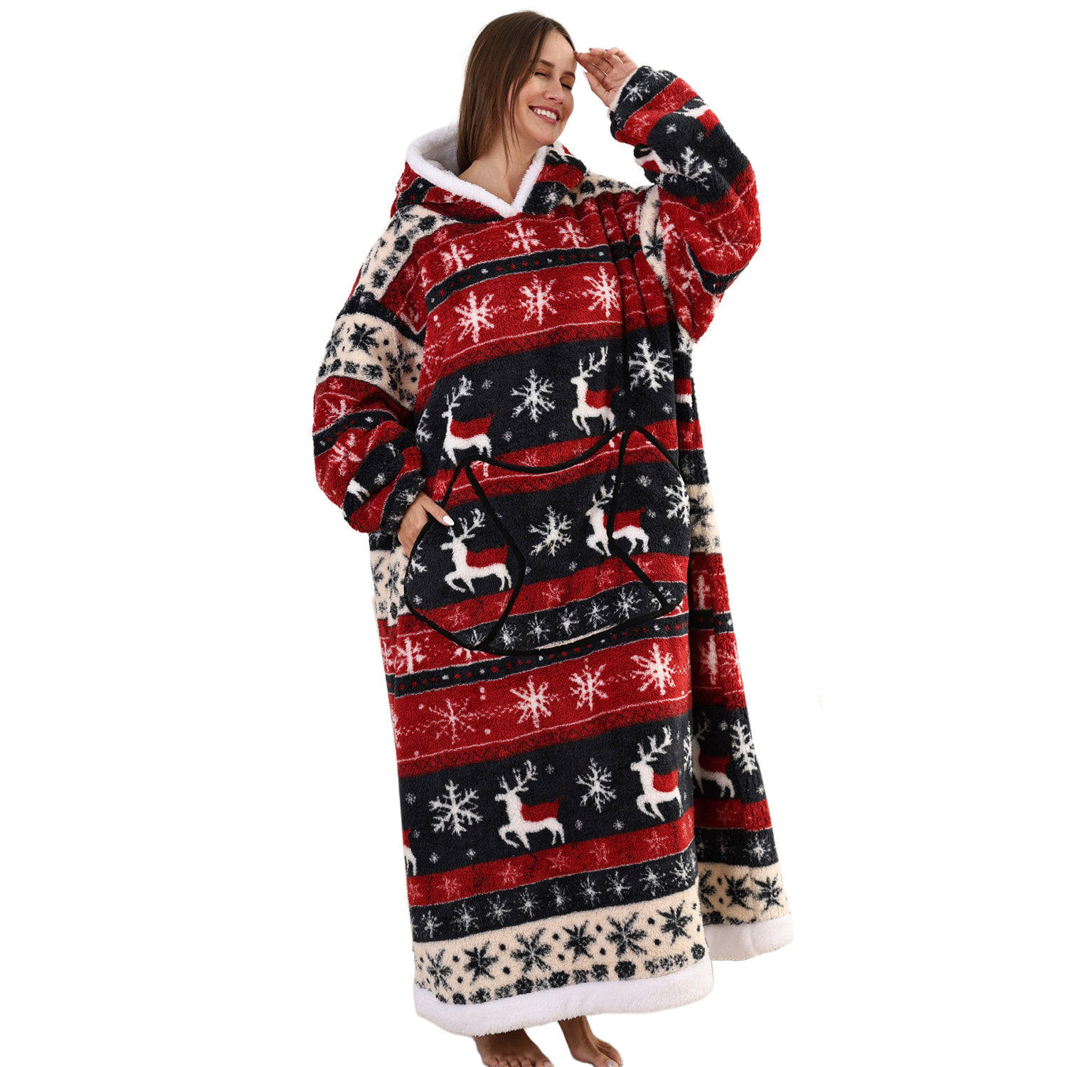 Bata estilo sudadera y manta de felpa extrasuave. Triple bolsillo frontal tipo canguro. Diseño reno navideño tipo largo.