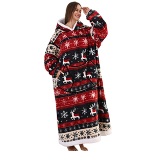 Bata estilo sudadera y manta de felpa extrasuave. Triple bolsillo frontal tipo canguro. Diseño reno navideño tipo largo.