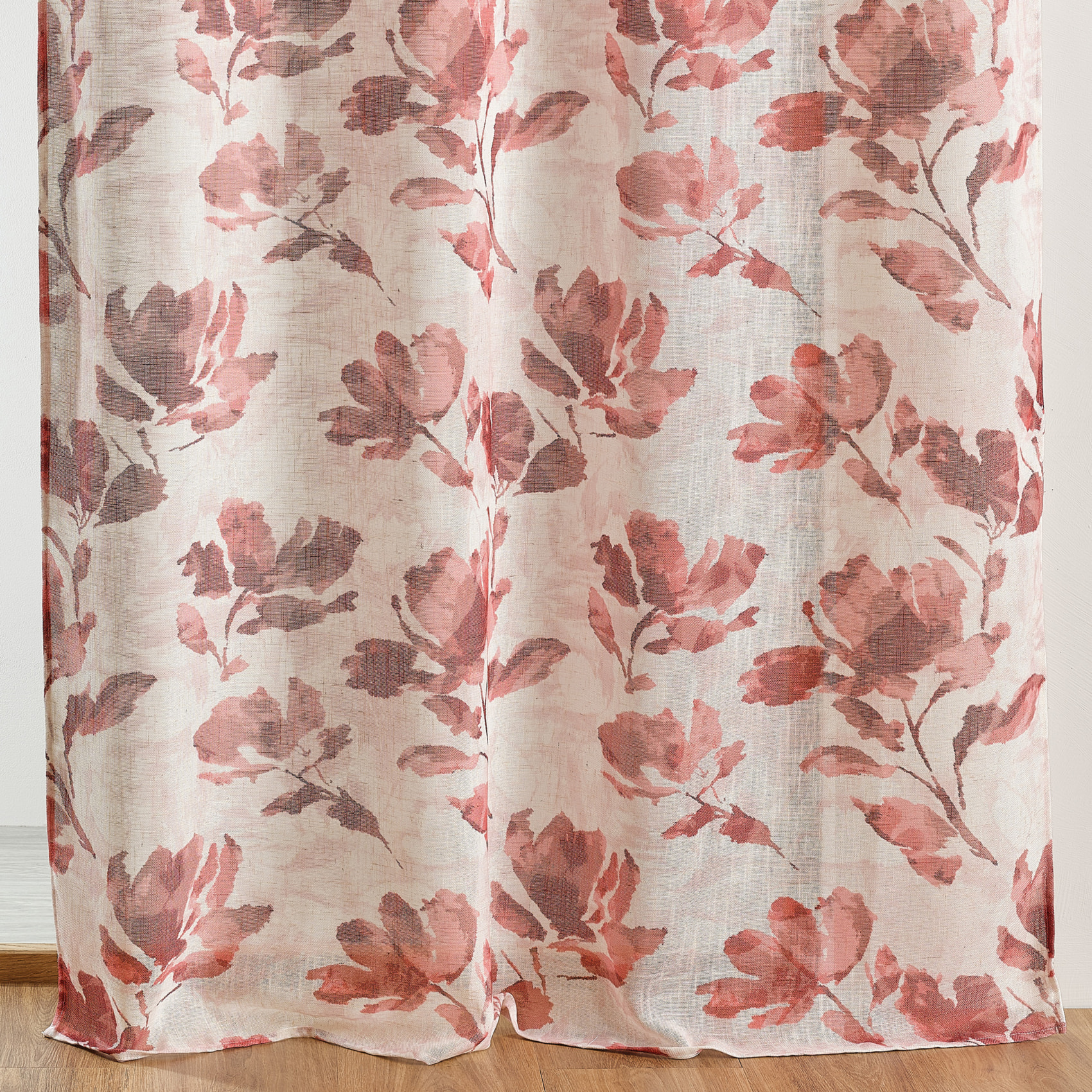 Voilage poly-lin imprimé à motif floral avec œillets - Bordeaux