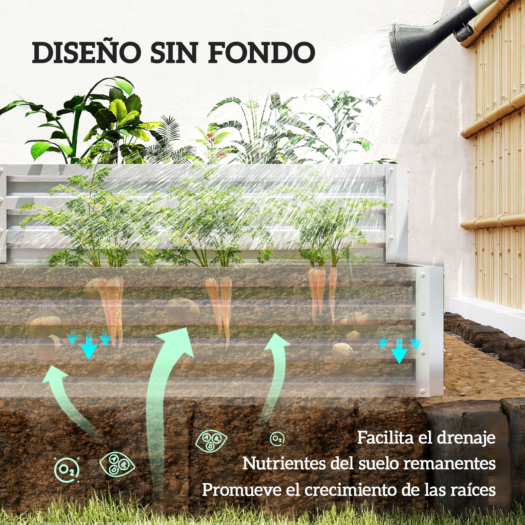 Huerto Urbano de 2 Niveles de Acero Galvanizado, Jardinera Exterior con Diseño de Escalera y Fondo Abierto para Cultivos, Plantas, Herbaria, para Terraza, Jardín, 120x101x58 cm, Plateado