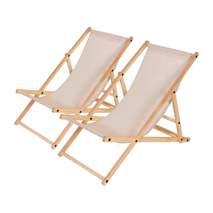 Lot de 2 transats en bois ''Chilienne'' - 107 x 56.5 x 81 cm - Ecru
