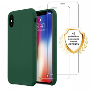 Coque iPhone X/XS Silicone liquide Vert Foret + 2 Vitres en Verre trempé Protection écran Antichocs