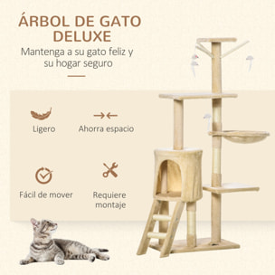 Árbol para gatos Rascador Grande 50x35x134,2 cm con Nidos Plataformas Casetas Ratón de Juego Hamaca Postes de Sisal Cubierto de Felpa Beige