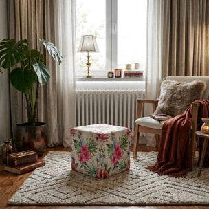 Pouf cube tropical motif perroquets, feuilles et fleurs 35x35x35cm BORNEO