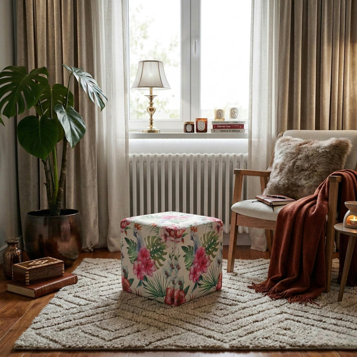 Pouf cube tropical motif perroquets, feuilles et fleurs 35x35x35cm BORNEO