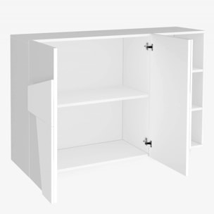 Mobile da ingresso a 2 ante e scaffali aperti, Made in Italy, Entratina moderna, Credenza per atrio, cm 121x38h86, colore Bianco lucido