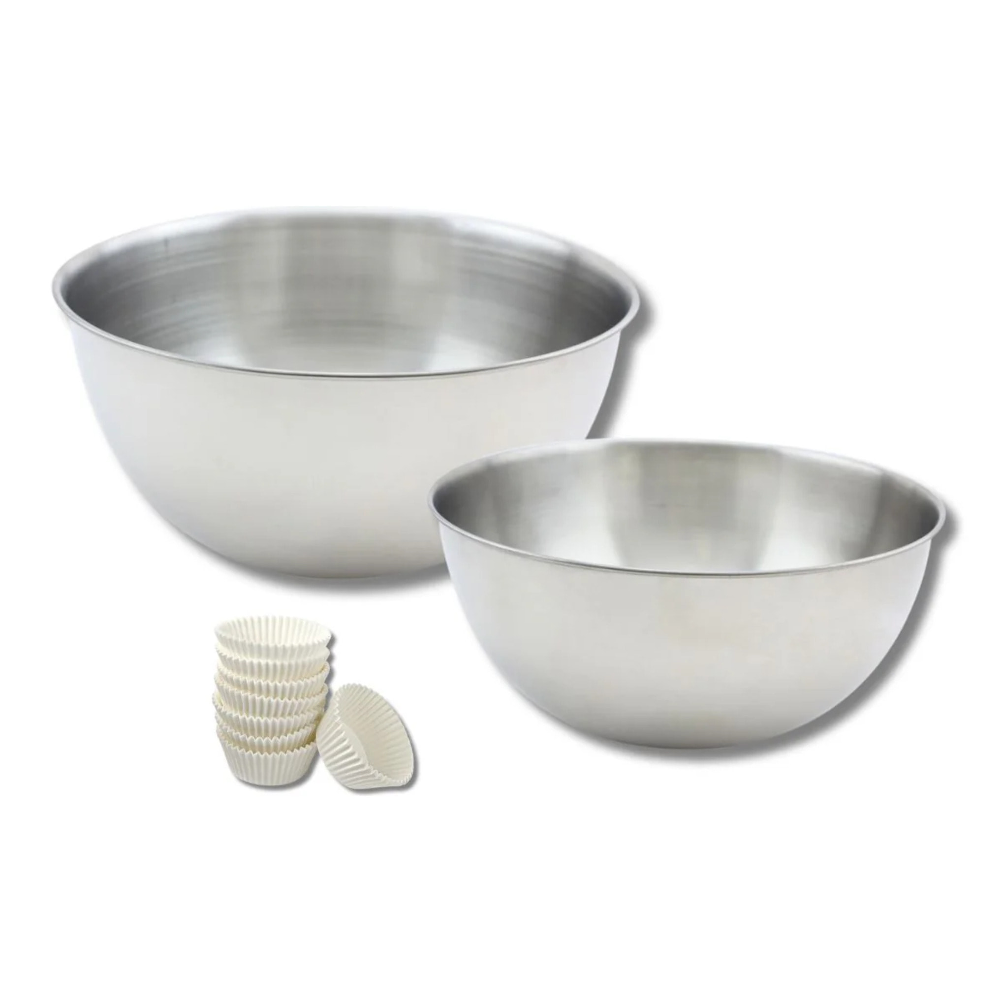 Ensemble comprenant 100 moules à muffin en papier, 1 spatule  Zenker, 2 bols à mixer en inox Fackelmann