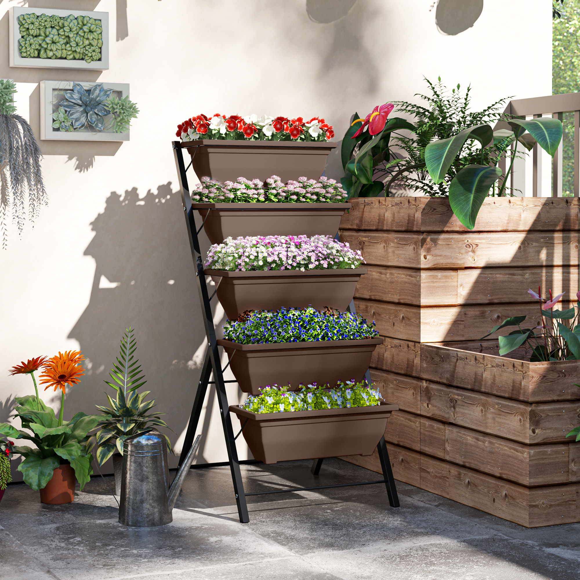Soporte para Plantas de 5 Niveles con 5 Macetas, Estantería para Plantas para Esquina, Orificios de Drenaje, Diseño en Escalera, Soporte para Macetas, Interior y Exterior, 55x63x120 cm, Negro