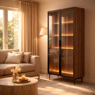 Vetrina Con 2 Ante In Vetro 3 Ripiani e 2 Cassetti Interni Design Moderno con Led Integrato 88.2 x 38 x 193.8 cm Rovere Scuro