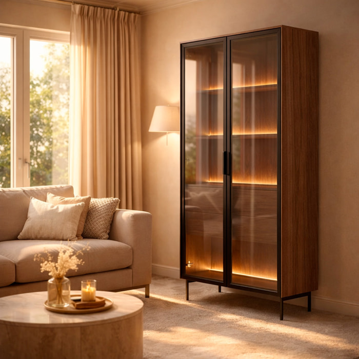 Vetrina Con 2 Ante In Vetro 3 Ripiani e 2 Cassetti Interni Design Moderno con Led Integrato 88.2 x 38 x 193.8 cm Rovere Scuro