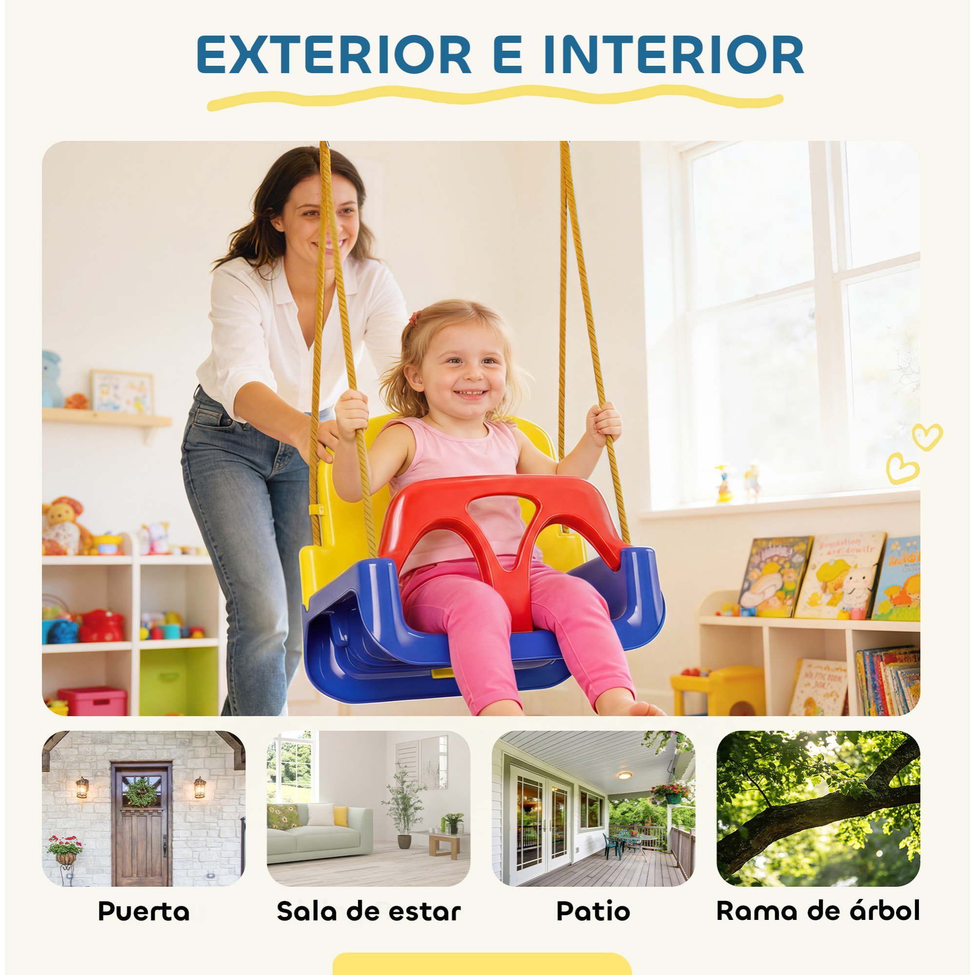 Columpio Infantil 3 en 1, Columpio para Niños, Cuerda Ajustable, con Respaldo Desmontable, Barra en T, Cinturón de Seguridad, para Interior, Exterior, Solo Asiento, Azul Oscuro