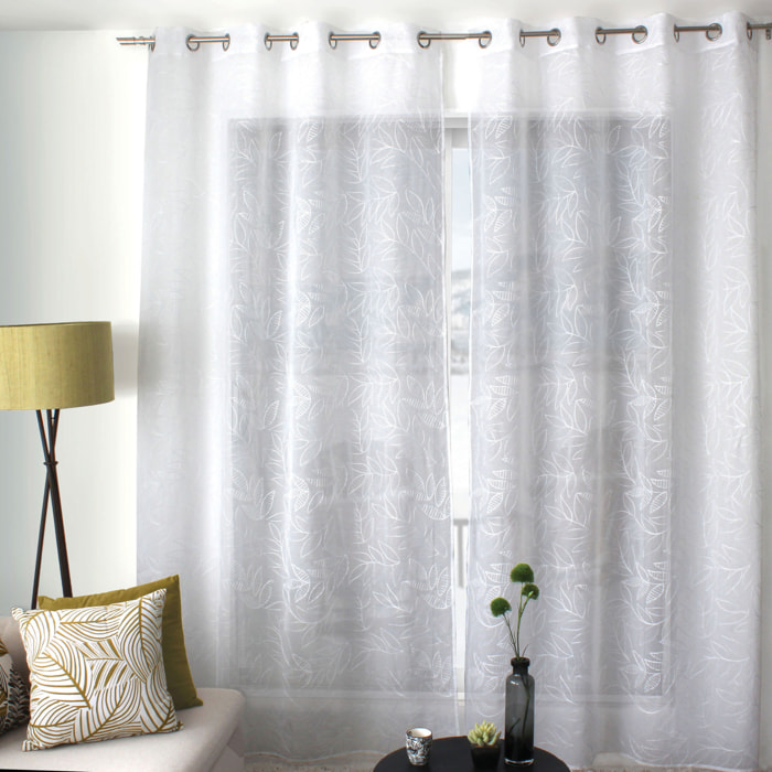 Voilage brodé motif feuillage - Blanc