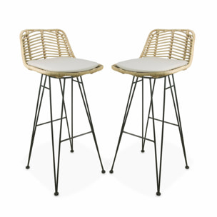 Deux tabourets de bar en rotin naturel et métal. coussins beige  75cm- Cahya