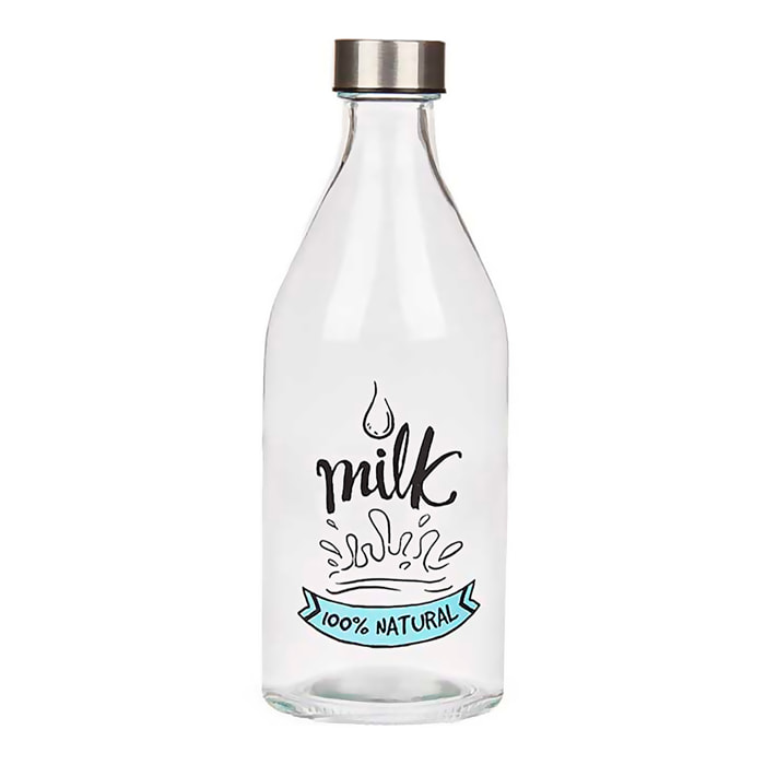 Botella de 1000ml con tapón de acero y diseño leche.