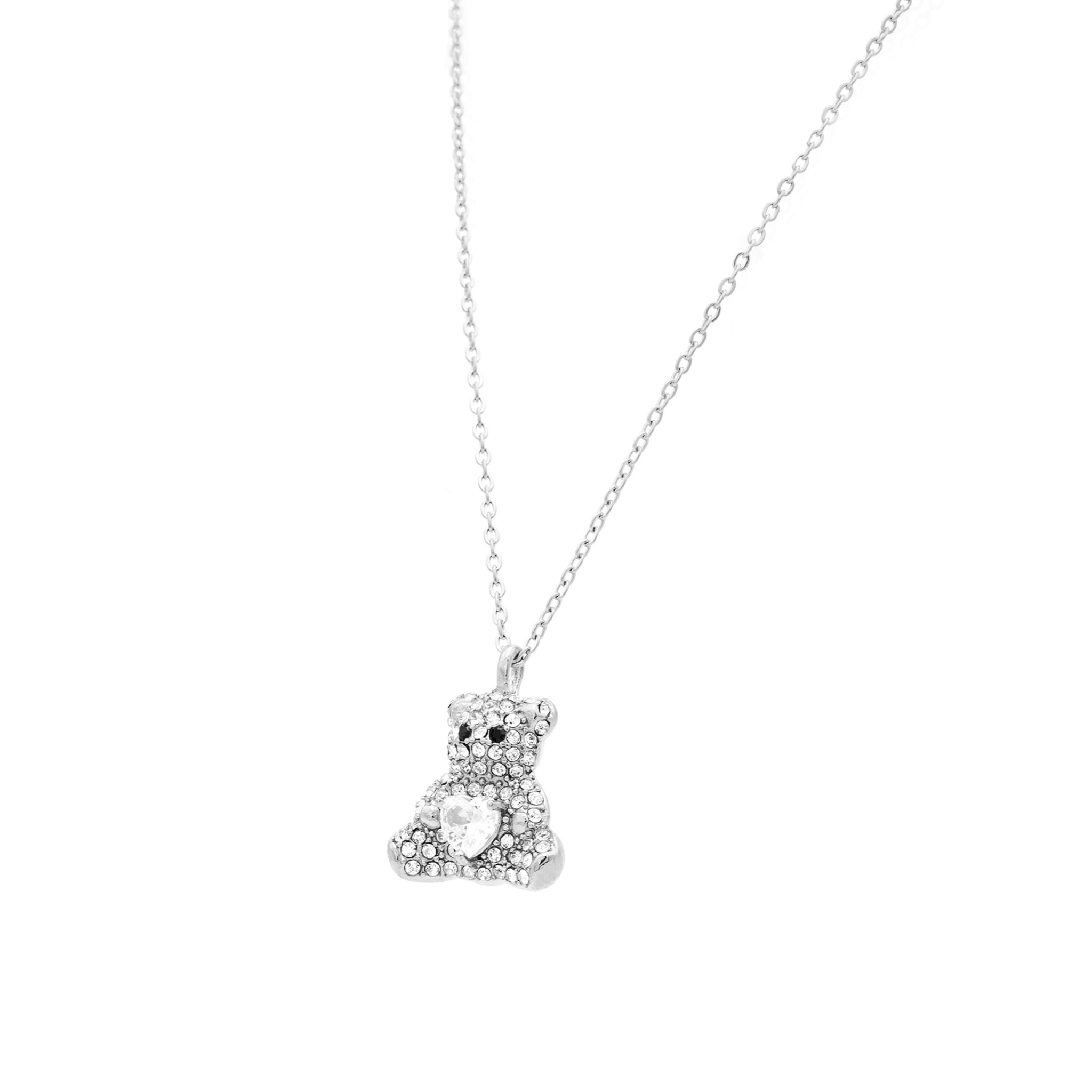 Collana in acciaio argentato con pendente orsetto e strass