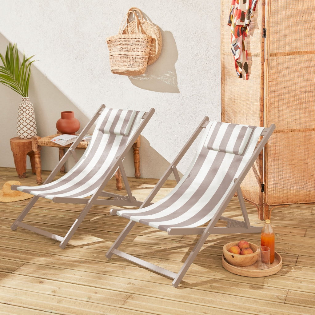 Lot de 2 bains de soleil - Gaia rayures marron - Transat en aluminium gris anthracite et textilene rayures marron avec coussin repose tête. chilienne