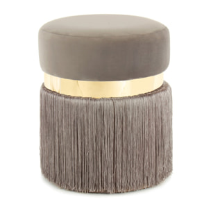 Pouf Rebecca in velluto taupe con frange e dettaglio oro