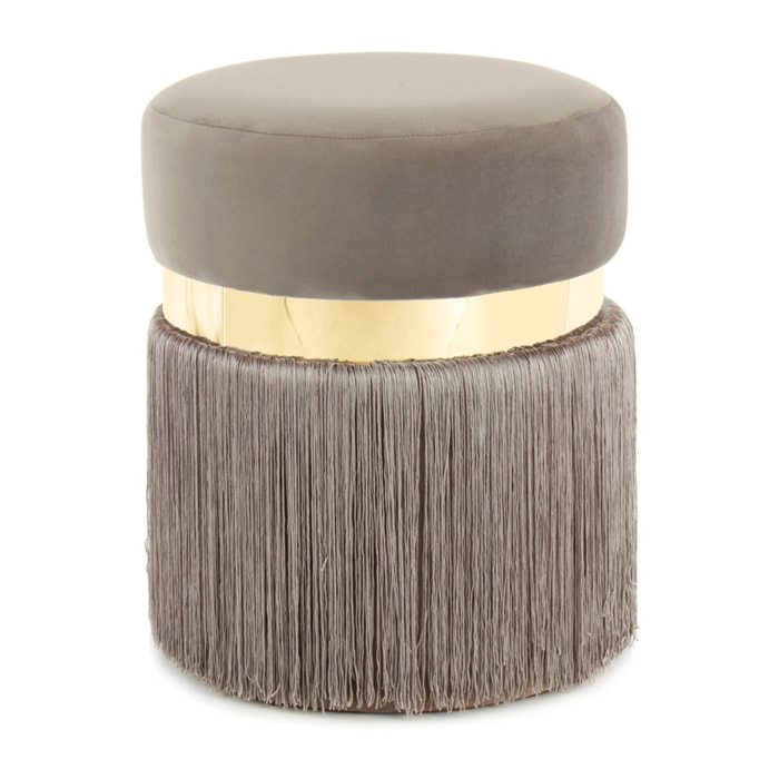 Pouf Rebecca in velluto taupe con frange e dettaglio oro
