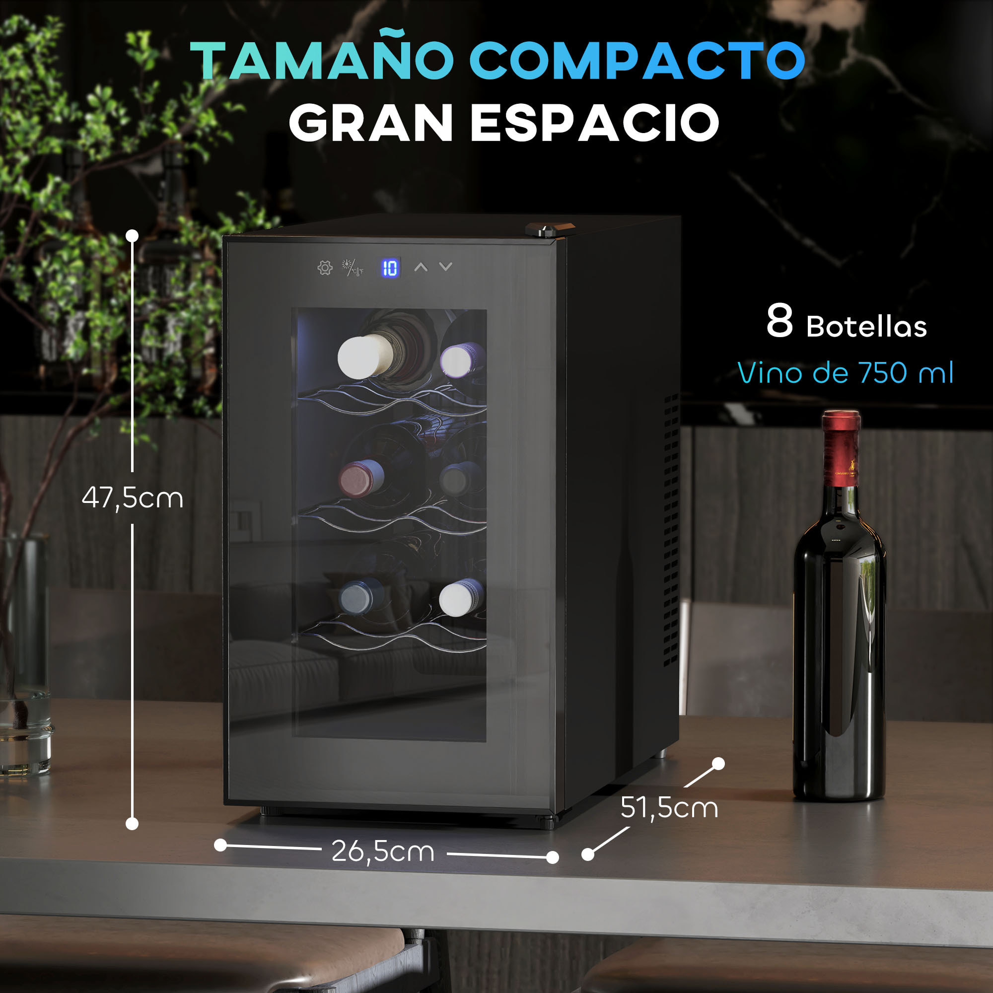Vinoteca 8 Botellas, Nevera para Vinos con Doble Refrigeración Termoeléctrica, Temperatura Ajustable 8-18℃, Puerta de Vidrio, Anti-UV, Pantalla LED Táctil, Luz Interior, Negro