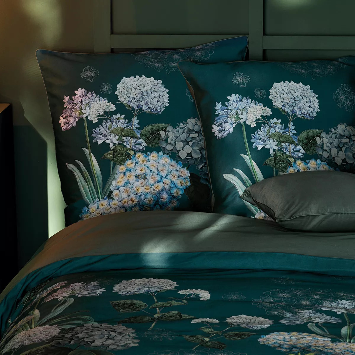 Taie d'oreiller satin de coton 115 g/m² imprimé bleu vert Maelys satin canard
