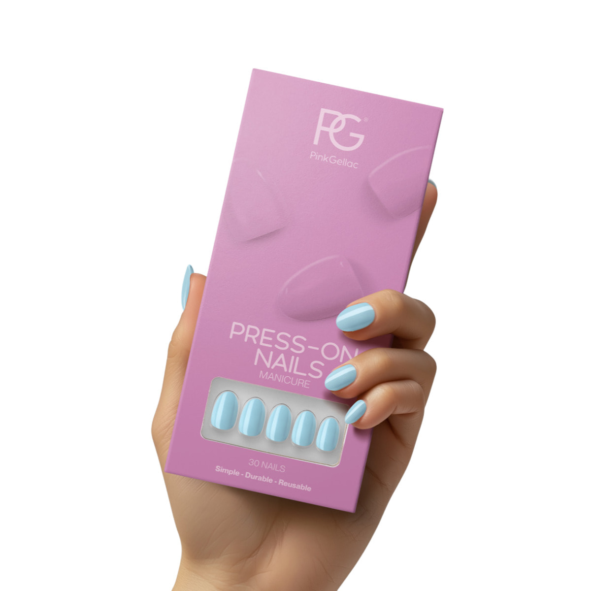 Pink Gellac - 266 Baby Blue - rond court - Faux ongles à presser - Faux-ongles réutilisables - Press-on nails