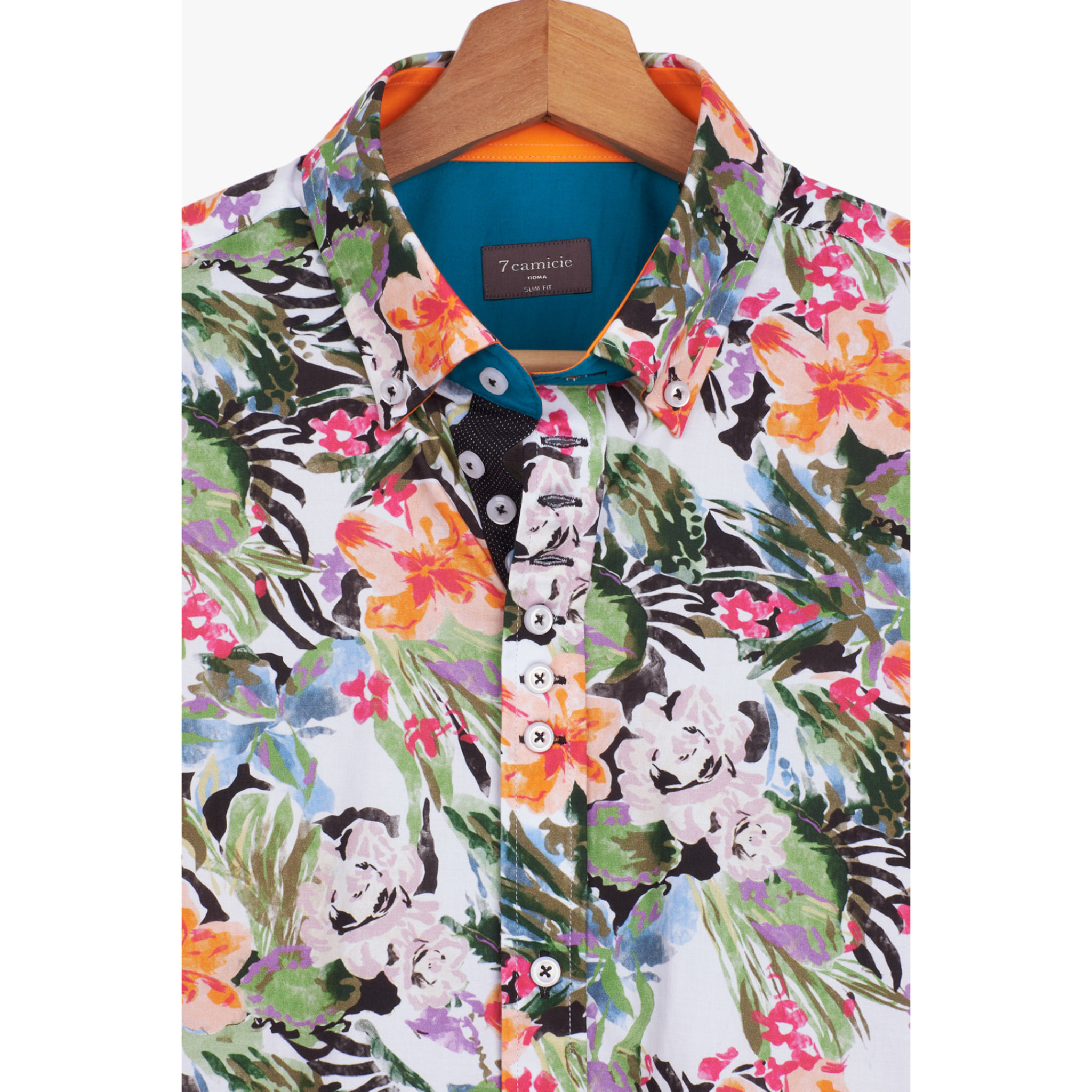 Camicia Uomo 1 Bottoni Button Down Slim Popeline Stampato Verde Foglia Rosa