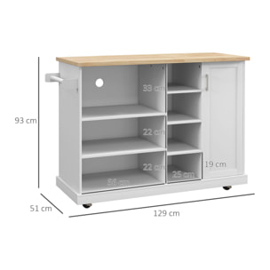 Desserte de cuisine îlot multi-rangement MDF blanc plateau bois hévéa verni