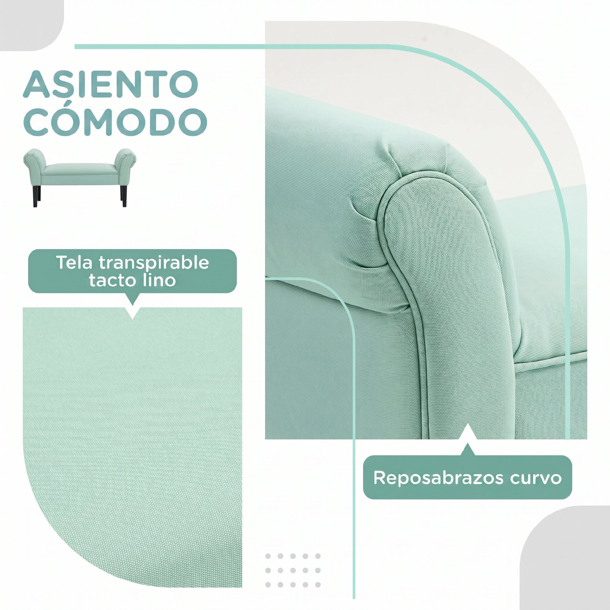 Banco Pie de Cama, Taburete Pie de Cama Tapizado en Lona con Patas de Madera, Reposabrazos y Asiento Acolchado, Estilo Moderno, Banco para Dormitorio, Entrada, Pasillo, Verde Claro