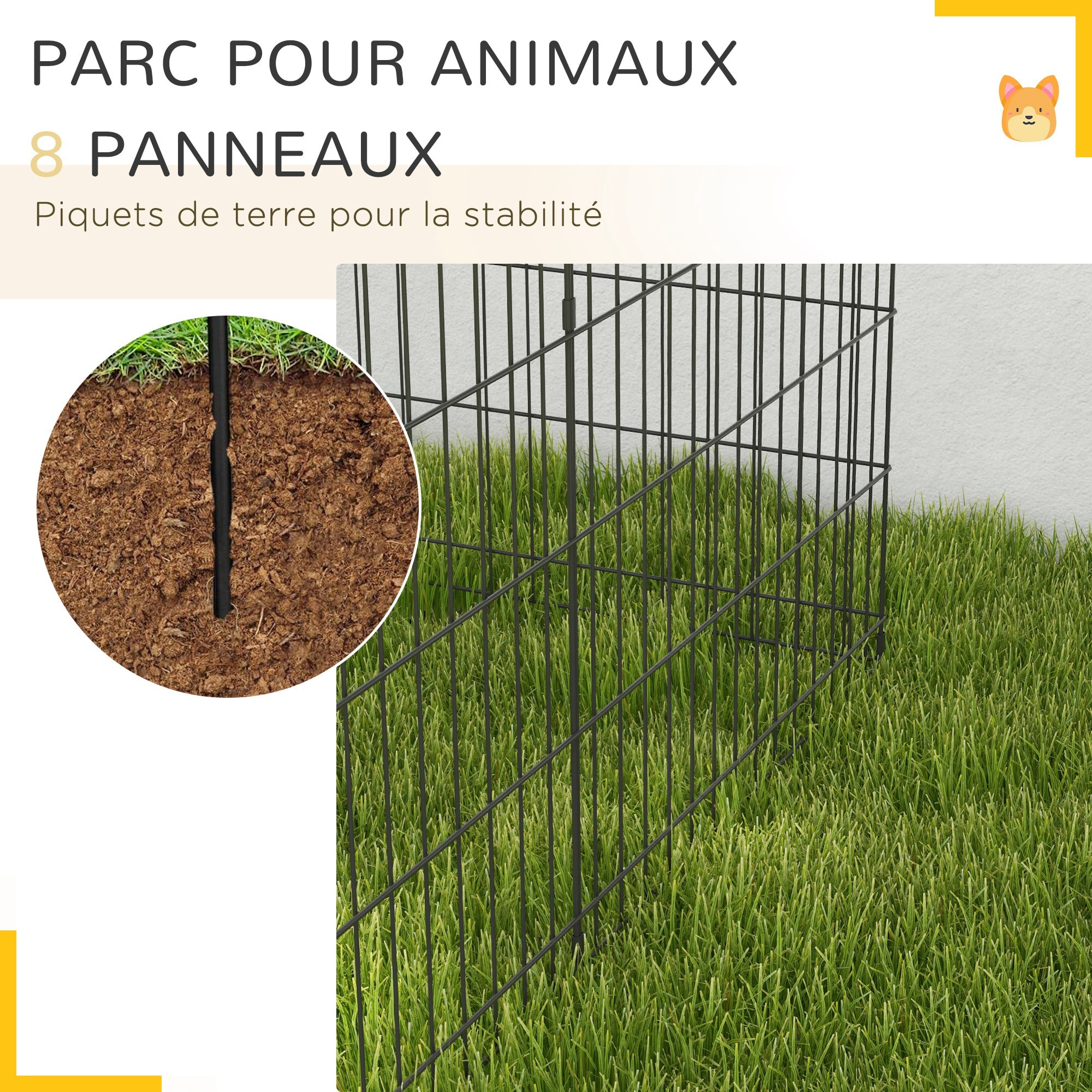 Parc enclos acier pour chien animaux 1 porte 8 panneaux 76L x 61l cm noir