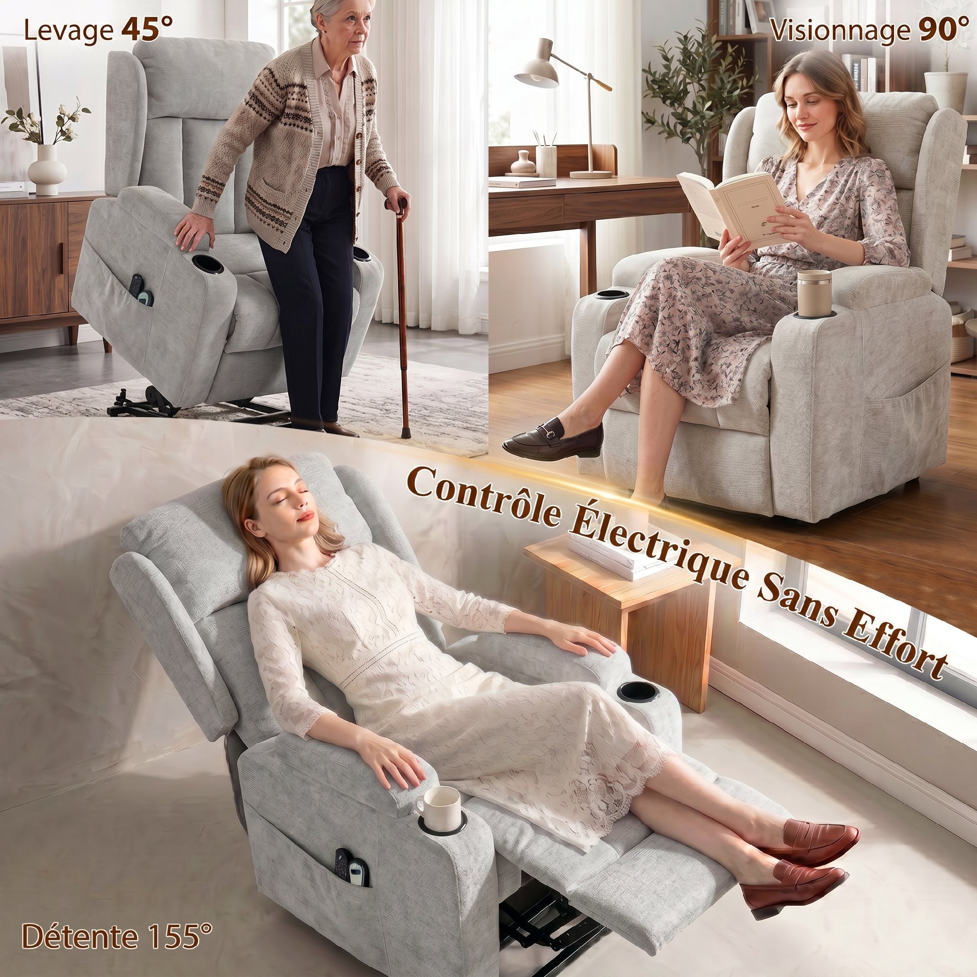 Fauteuil releveur massant chauffant inclinable repose-pieds ajustable télécommande gris clair