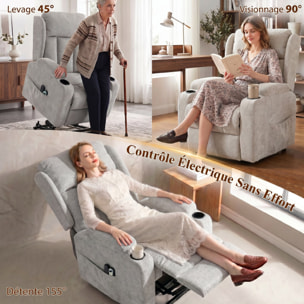 Fauteuil releveur massant chauffant inclinable repose-pieds ajustable télécommande gris clair