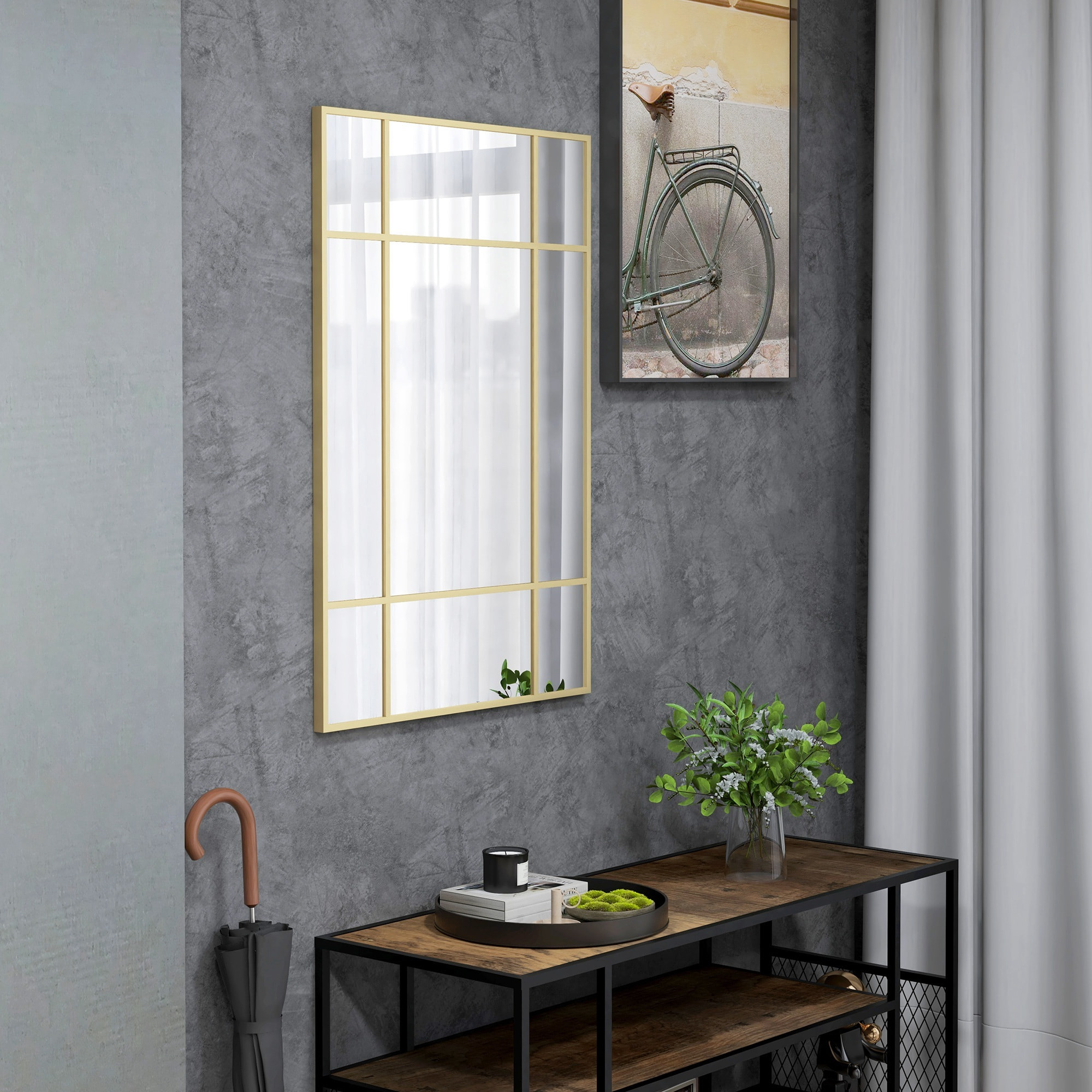 Miroir mural verrière rectangulaire - installation horizontal ou vertical - 4 crochets - 90 x 60 cm - métal doré