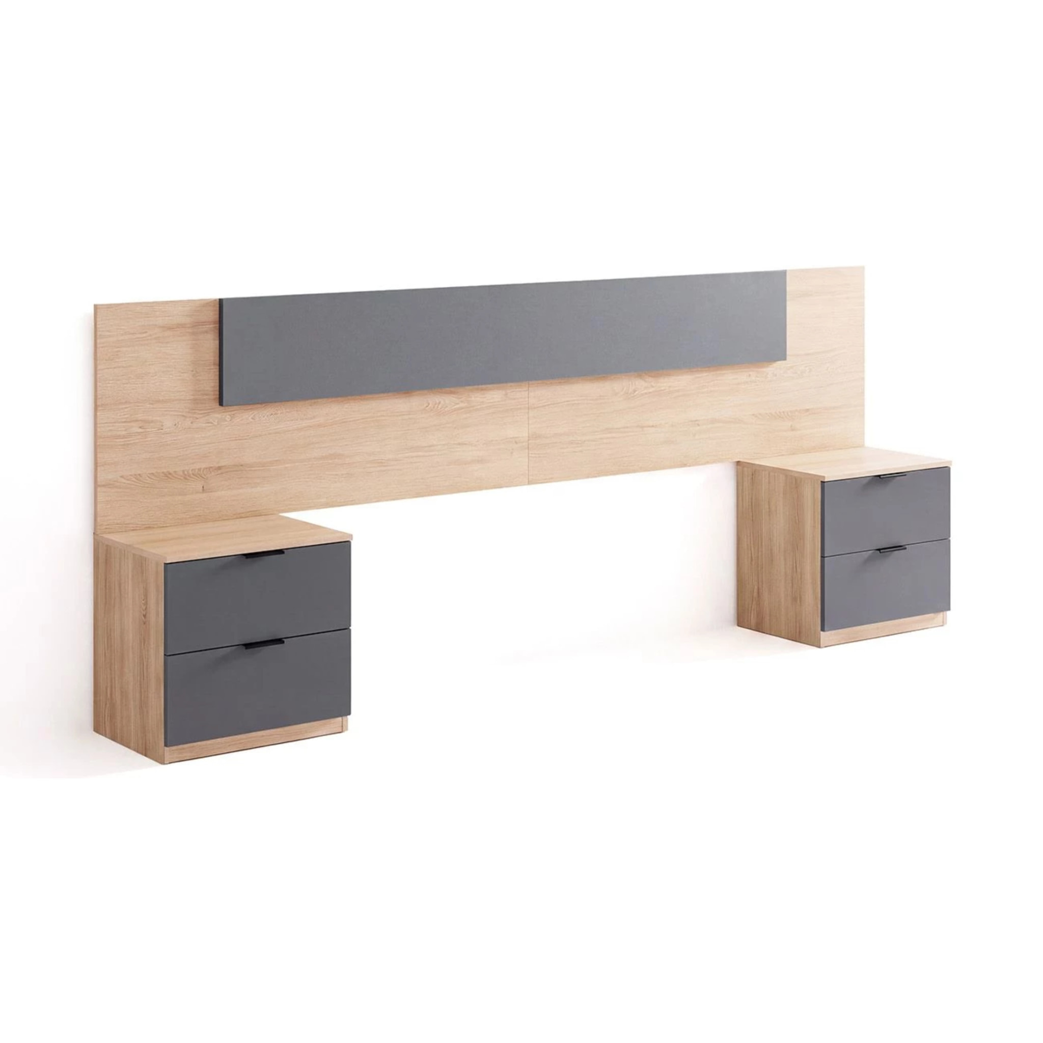 Cabecero para cama de 135-150 cm y 2 mesitas con cajones en roble canadian y gris grafito Akari Roble Canadian - Gris Grafito