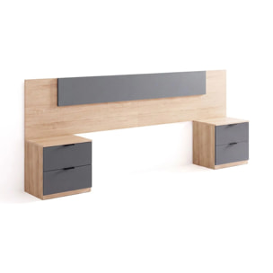 Cabecero para cama de 135-150 cm y 2 mesitas con cajones en roble canadian y gris grafito Akari Roble Canadian - Gris Grafito