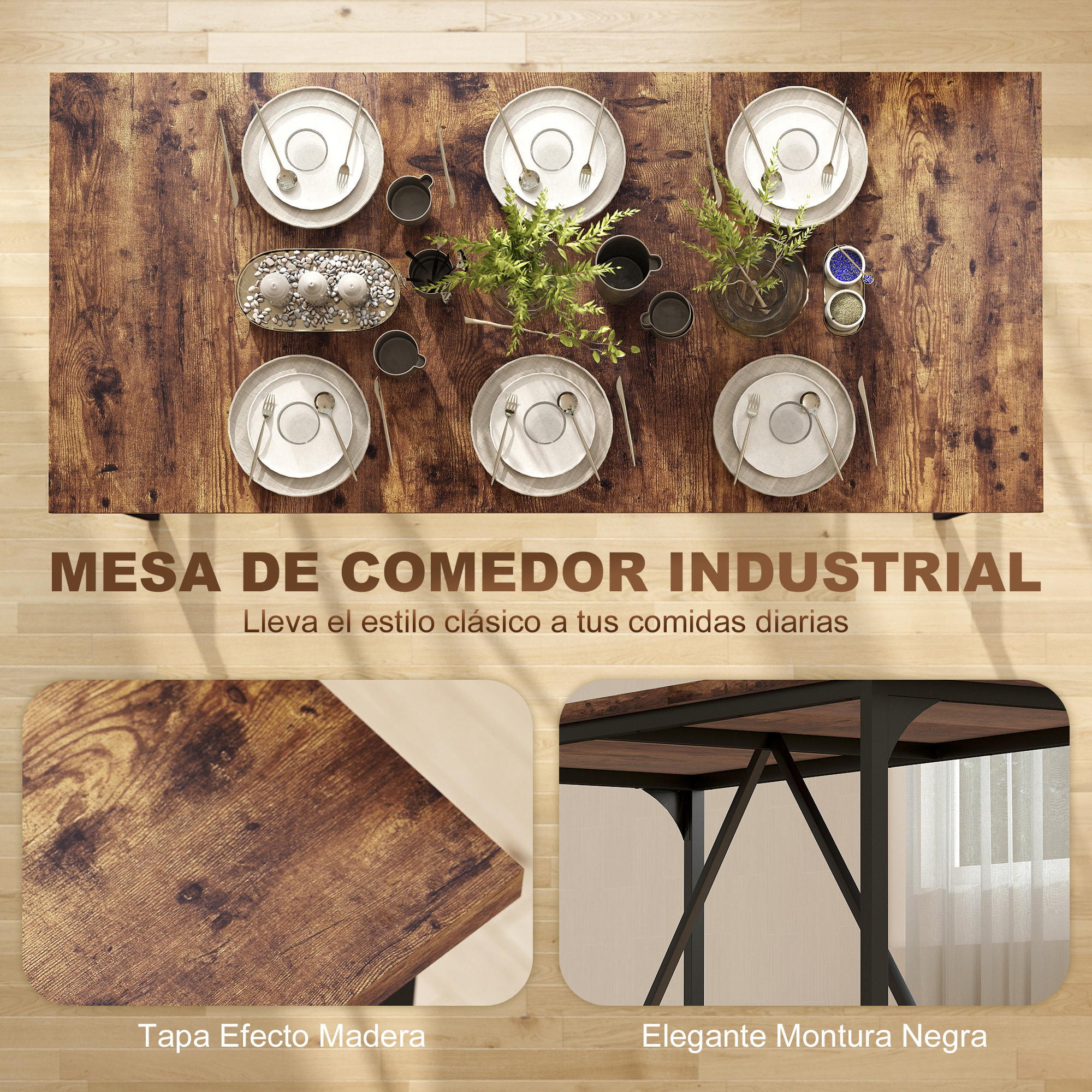 Mesa de Comedor Rectangular para 6-8 Personas, Mesa de Cocina Industrial con Tablero Grueso y Patas de Metal, 180x80x75,5 cm, Marrón Rústico