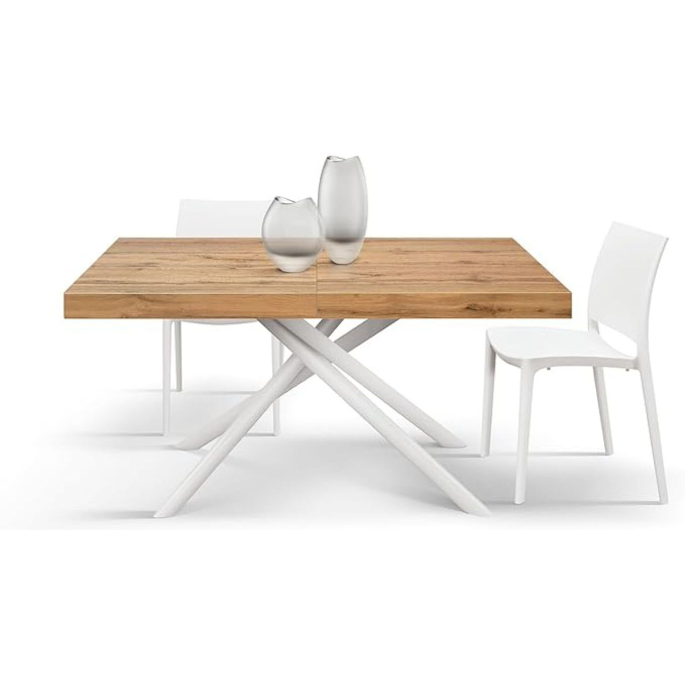 Tavolo CARRARA in legno, finitura rovere rustico e base in metallo verniciato bianco, allungabile 180×90 cm – 260×90 cm