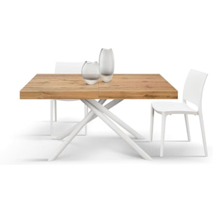 Tavolo CARRARA in legno, finitura rovere rustico e base in metallo verniciato bianco, allungabile 180×90 cm – 260×90 cm