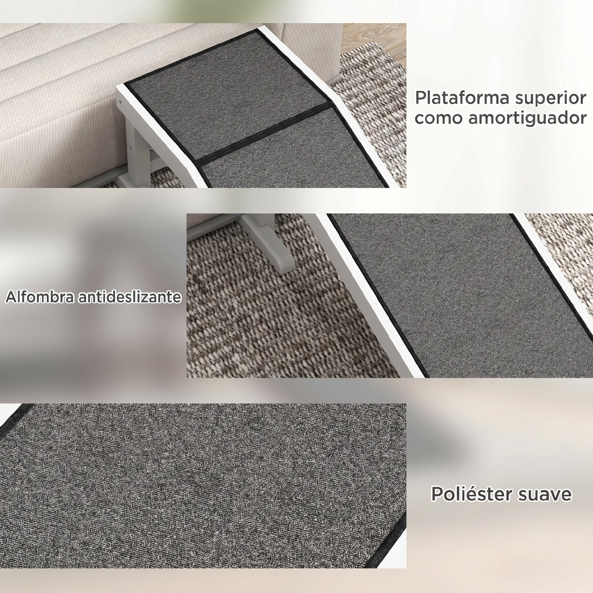 Rampa para Perros de Madera Rampa para Mascotas para Cama/Sofá con Alfombra Antideslizante para Perros Pequeños Medianos y Grandes 125x40x35,5 cm Blanco y Gris