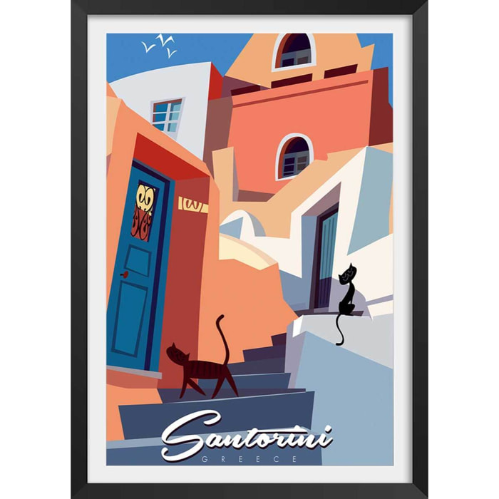 Poster vintage les chats de santorini Affiche + cadre en bois - Noir