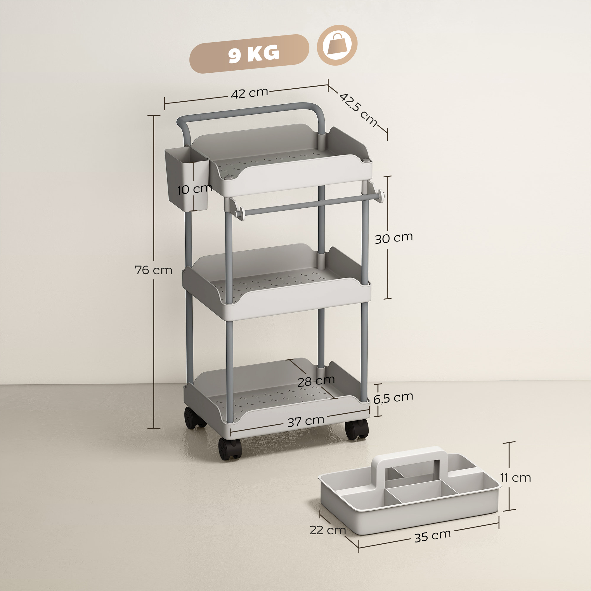 Carrito Auxiliar con Ruedas de 3 Niveles, Carrito de Cocina con Cestas Extraíbles, Ruedas con Freno, Soporte para Toallas y Marco de Metal, para Comedor, Salón, Baño, Oficina, Gris