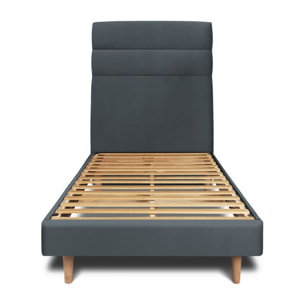 Lit avec tête de lit bandes horizontales velours et sommier kit Ep14